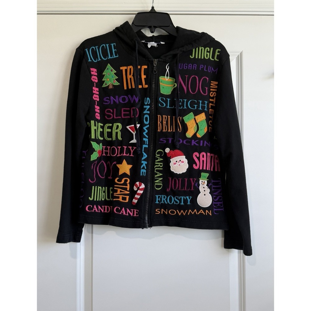 Belle Pointe Black Women's Christmas Full Zip Hoodie Sweatshirt Size Large